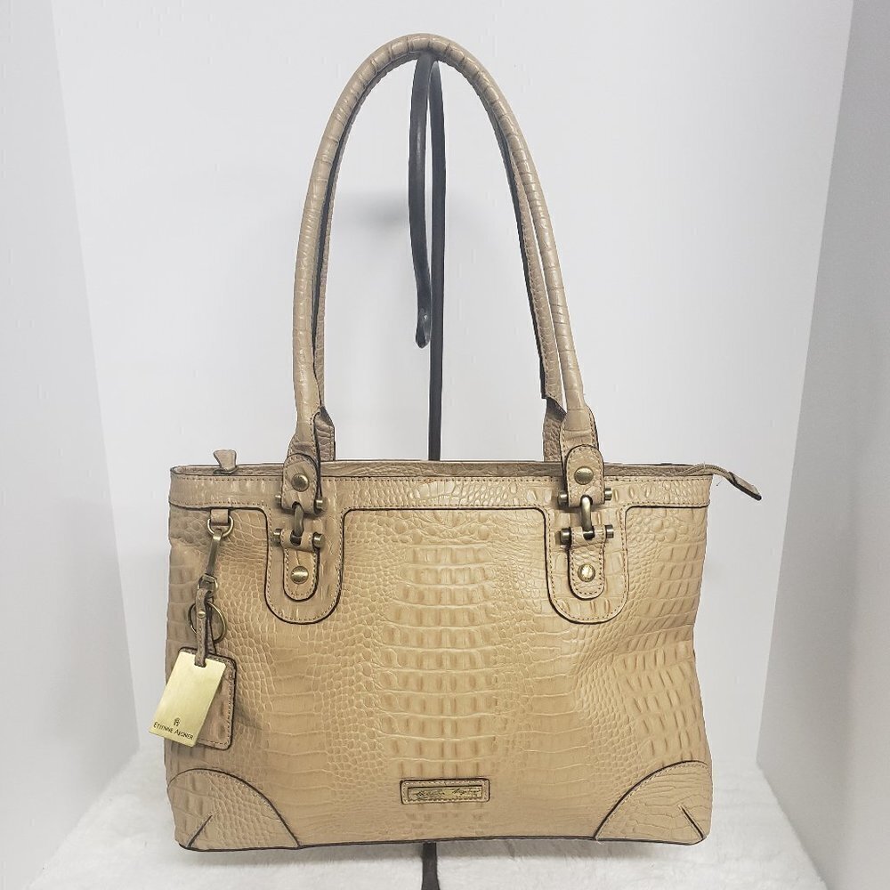 Etienne Aigner Tan Croc Embossed Leather Shoulder Tote Bag